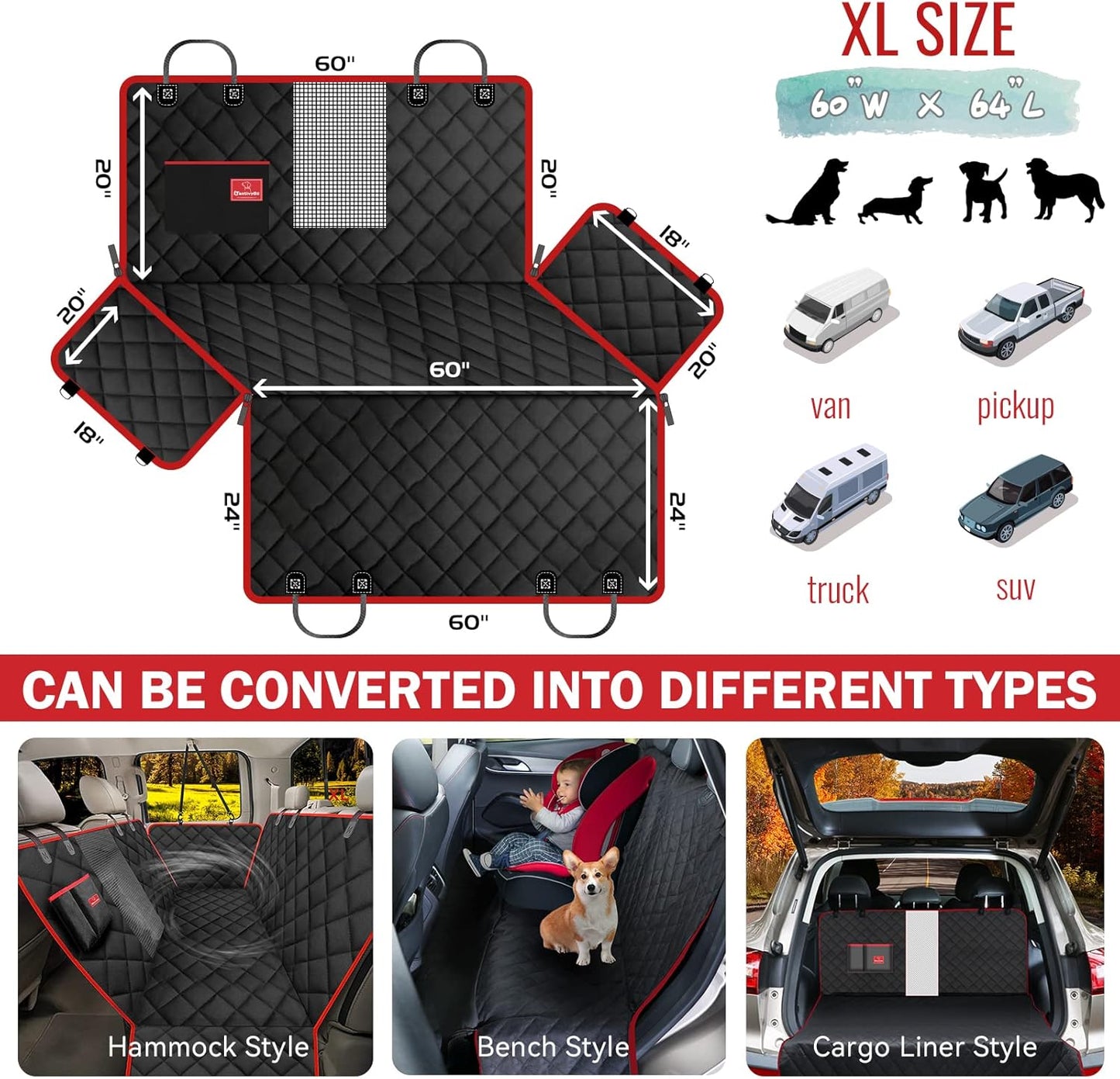 X-Large Dog Car Seat Cover - 100% Waterproof Back Seat Covers for Dogs, Suvs, Red (60''W X 64''L)