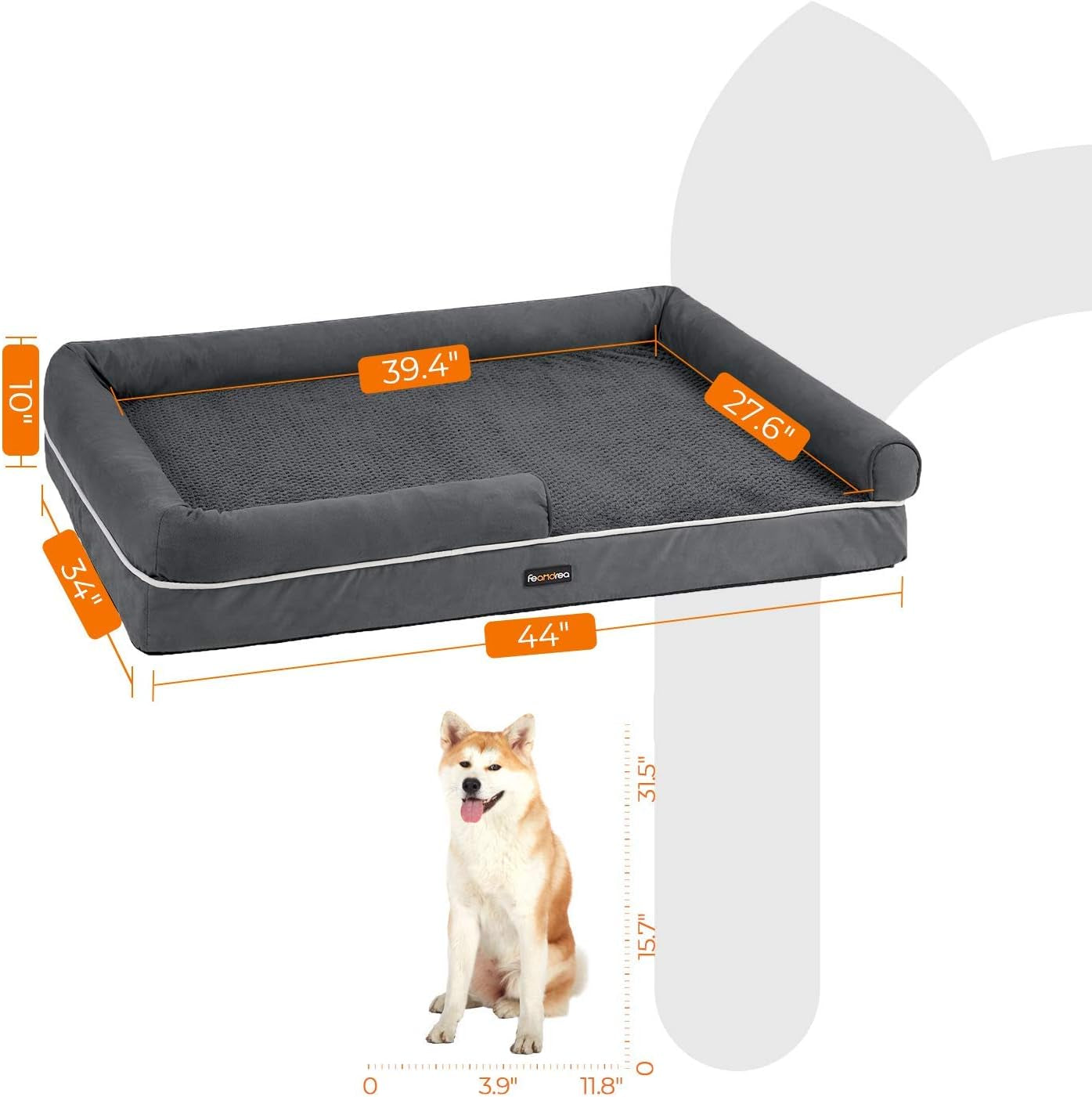Orthopedic Dog Bed with Memory Foam, Removable Cover, 44 x 34 x 7.9 Inches, Dark Gray UPGW068G01