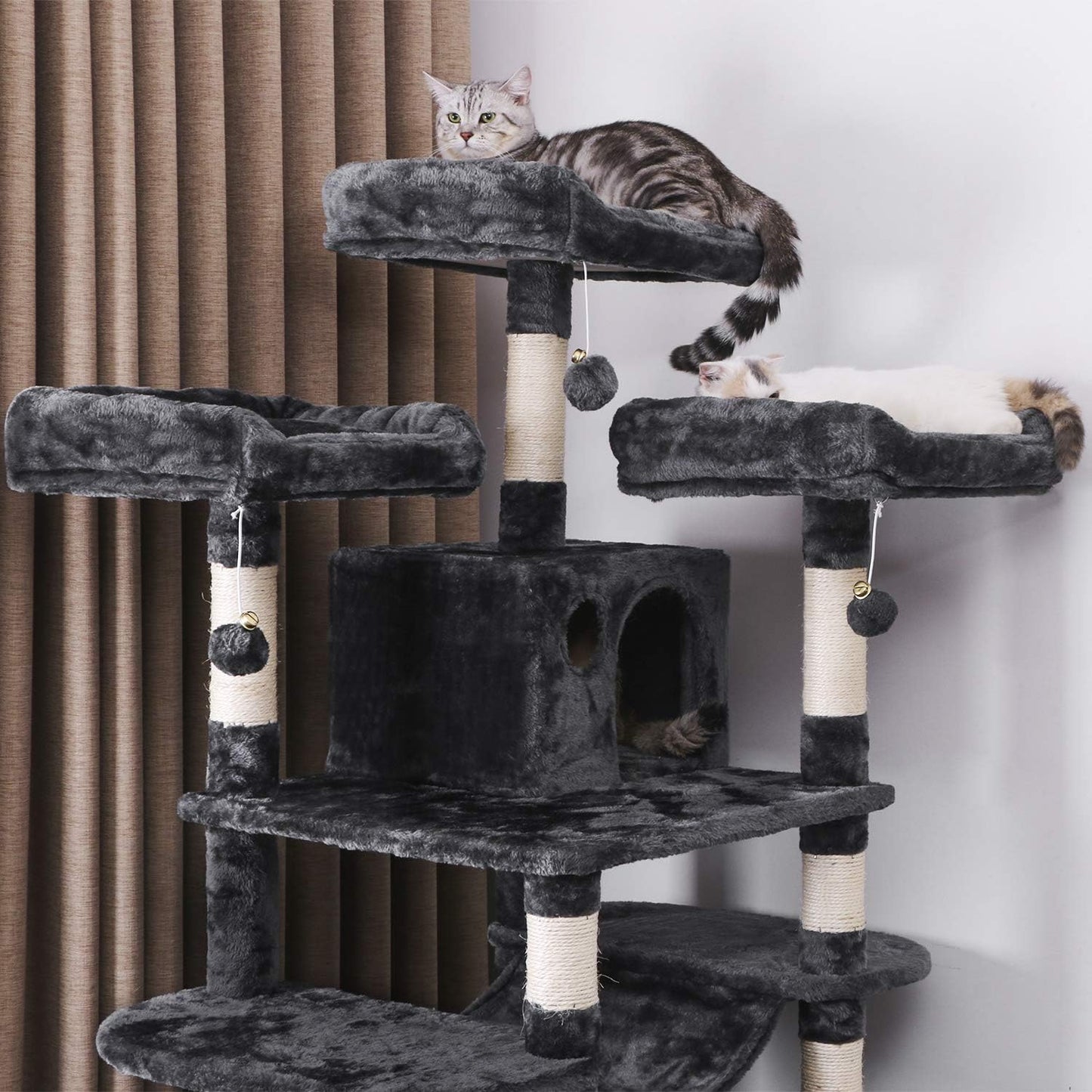 Large Cat Tree Condo with Sisal Scratching Posts, Perches, Houses, and Hammock - Indoor Cat Tower and Activity Center in Grey (Model MMJ03B)