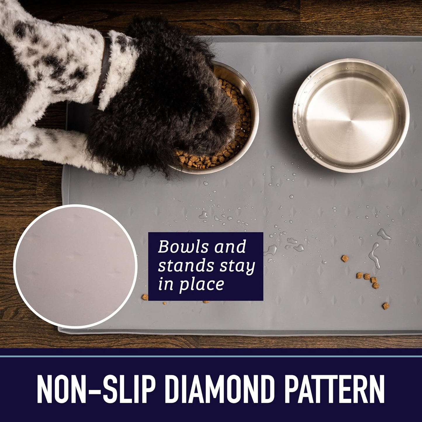 Silicone Dog Water Bowl Pad - XL 25" X 17" Gray - Tall Lip & Non-Slip Base - Waterproof Dog & Cat Food Mat