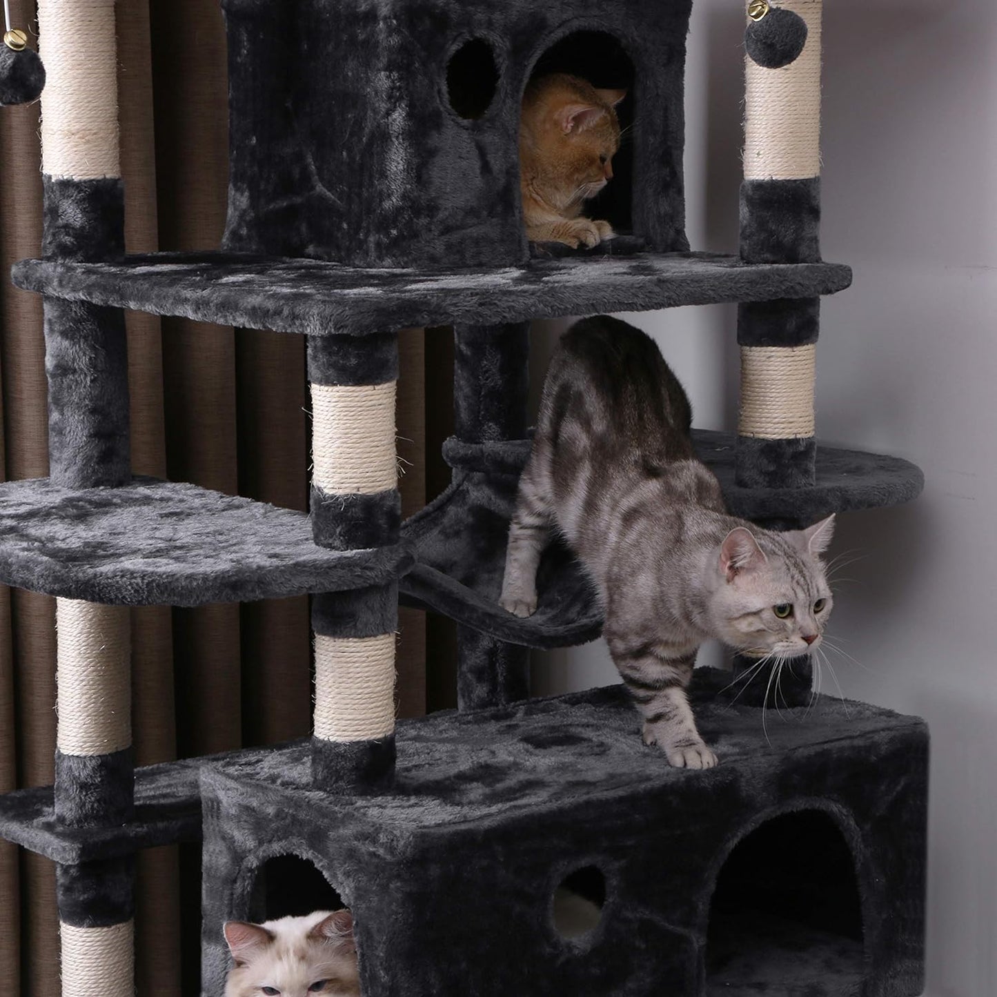 Large Cat Tree Condo with Sisal Scratching Posts, Perches, Houses, and Hammock - Indoor Cat Tower and Activity Center in Grey (Model MMJ03B)