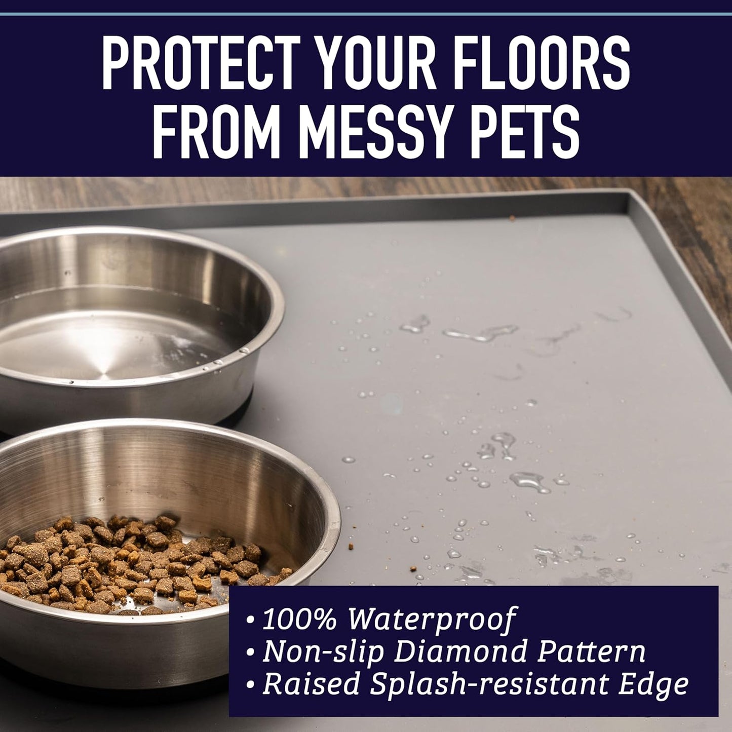 Silicone Dog Water Bowl Pad - XL 25" X 17" Gray - Tall Lip & Non-Slip Base - Waterproof Dog & Cat Food Mat
