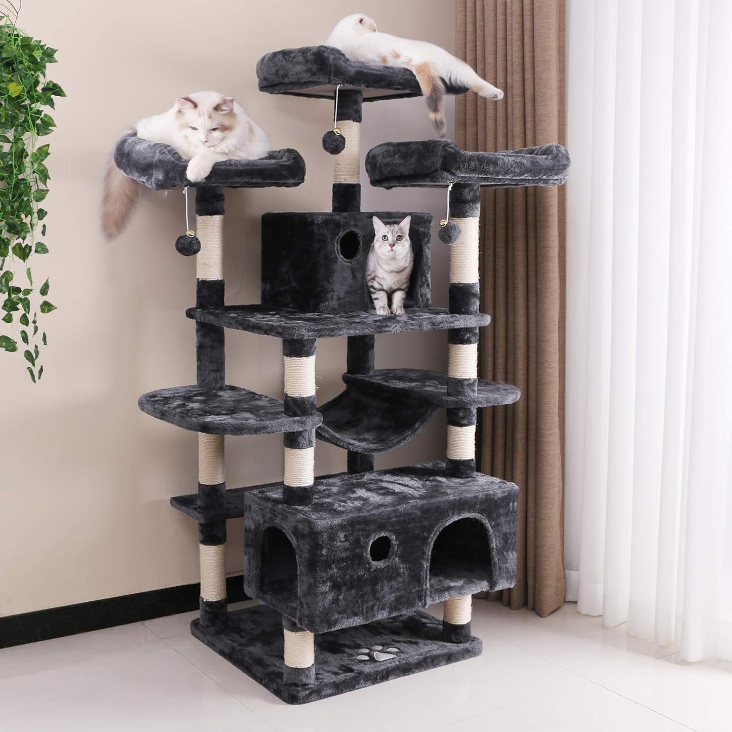 Large Cat Tree Condo with Sisal Scratching Posts, Perches, Houses, and Hammock - Indoor Cat Tower and Activity Center in Grey (Model MMJ03B)