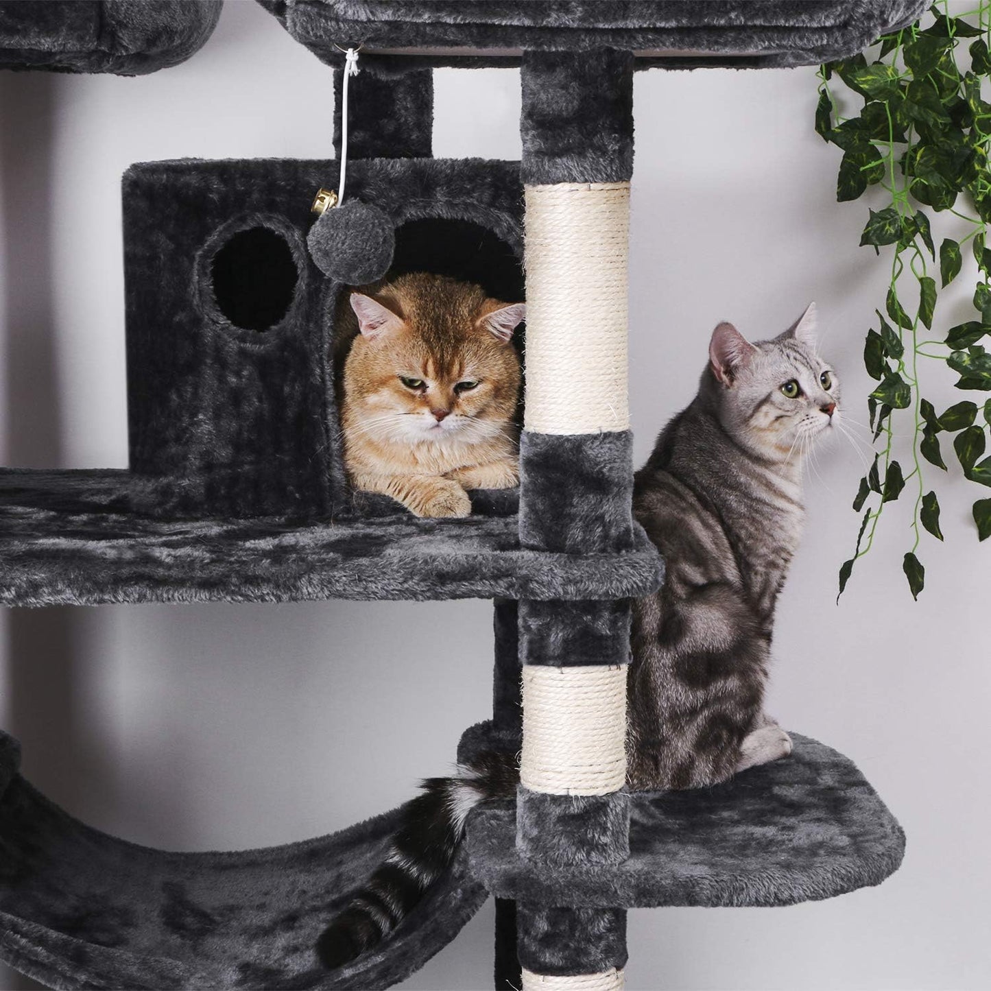 Large Cat Tree Condo with Sisal Scratching Posts, Perches, Houses, and Hammock - Indoor Cat Tower and Activity Center in Grey (Model MMJ03B)
