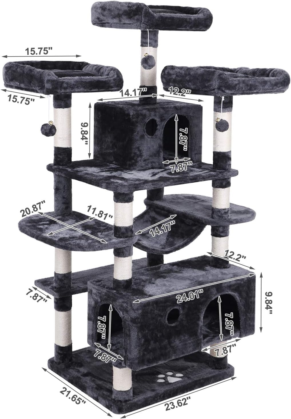 Large Cat Tree Condo with Sisal Scratching Posts, Perches, Houses, and Hammock - Indoor Cat Tower and Activity Center in Grey (Model MMJ03B)