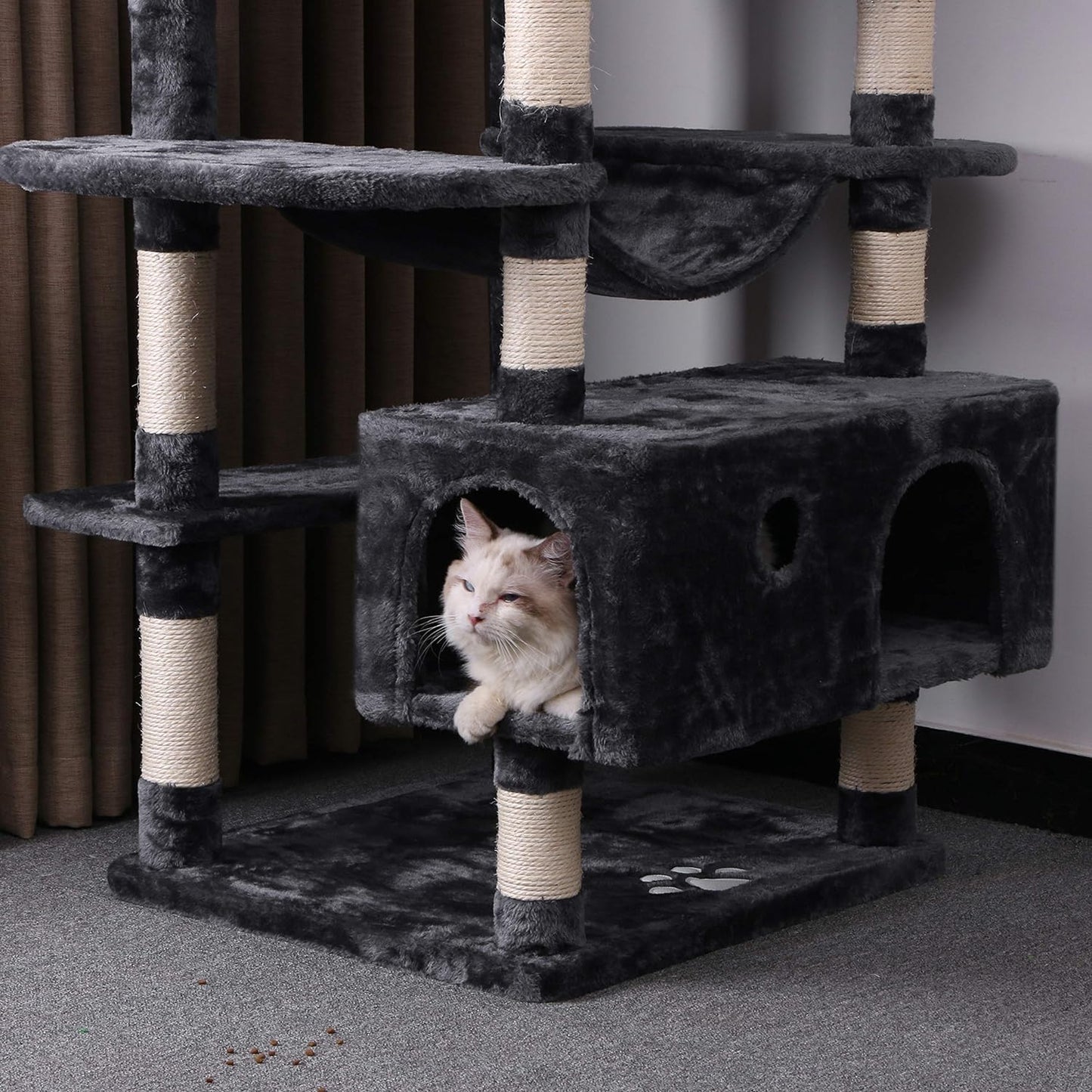 Large Cat Tree Condo with Sisal Scratching Posts, Perches, Houses, and Hammock - Indoor Cat Tower and Activity Center in Grey (Model MMJ03B)