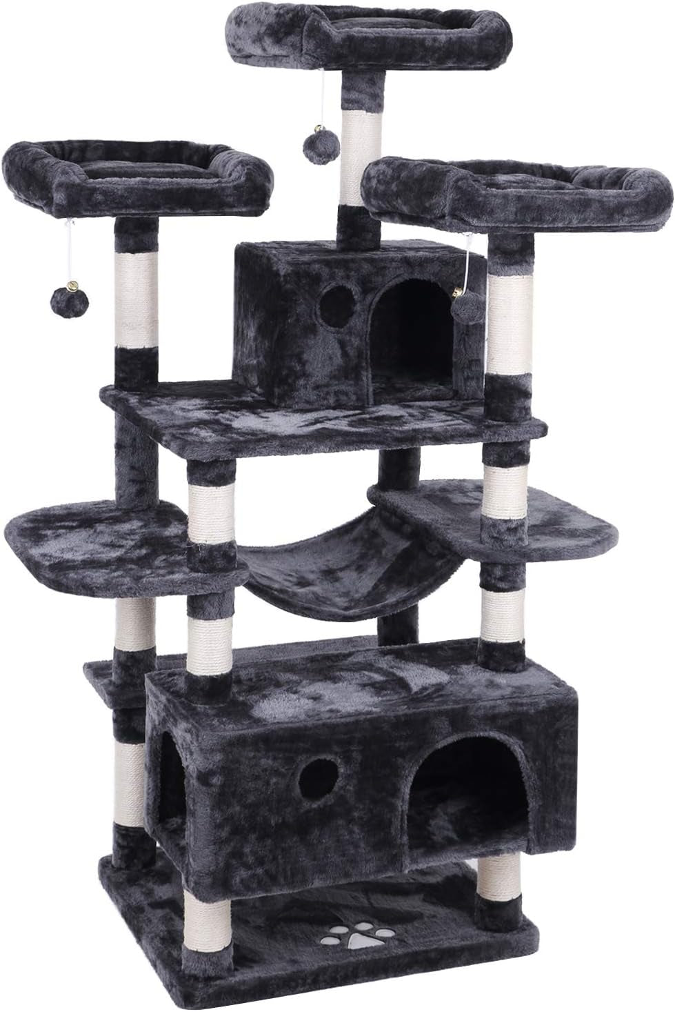 Large Cat Tree Condo with Sisal Scratching Posts, Perches, Houses, and Hammock - Indoor Cat Tower and Activity Center in Grey (Model MMJ03B)