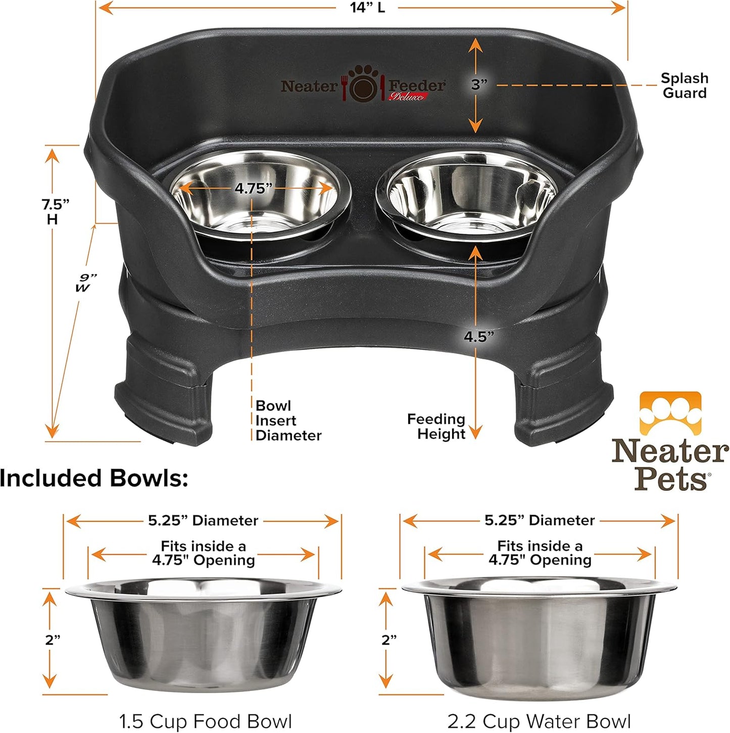Neater Feeder Deluxe Mess Proof Dog Bowls Elevated for Small Breeds – Made in USA – No Spill Raised Dog Food Bowl Stand W/Leg Extensions – Stainless Steel Dog Food and Water Bowl Set – Black