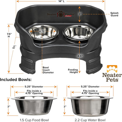 Neater Feeder Deluxe Mess Proof Dog Bowls Elevated for Small Breeds – Made in USA – No Spill Raised Dog Food Bowl Stand W/Leg Extensions – Stainless Steel Dog Food and Water Bowl Set – Black