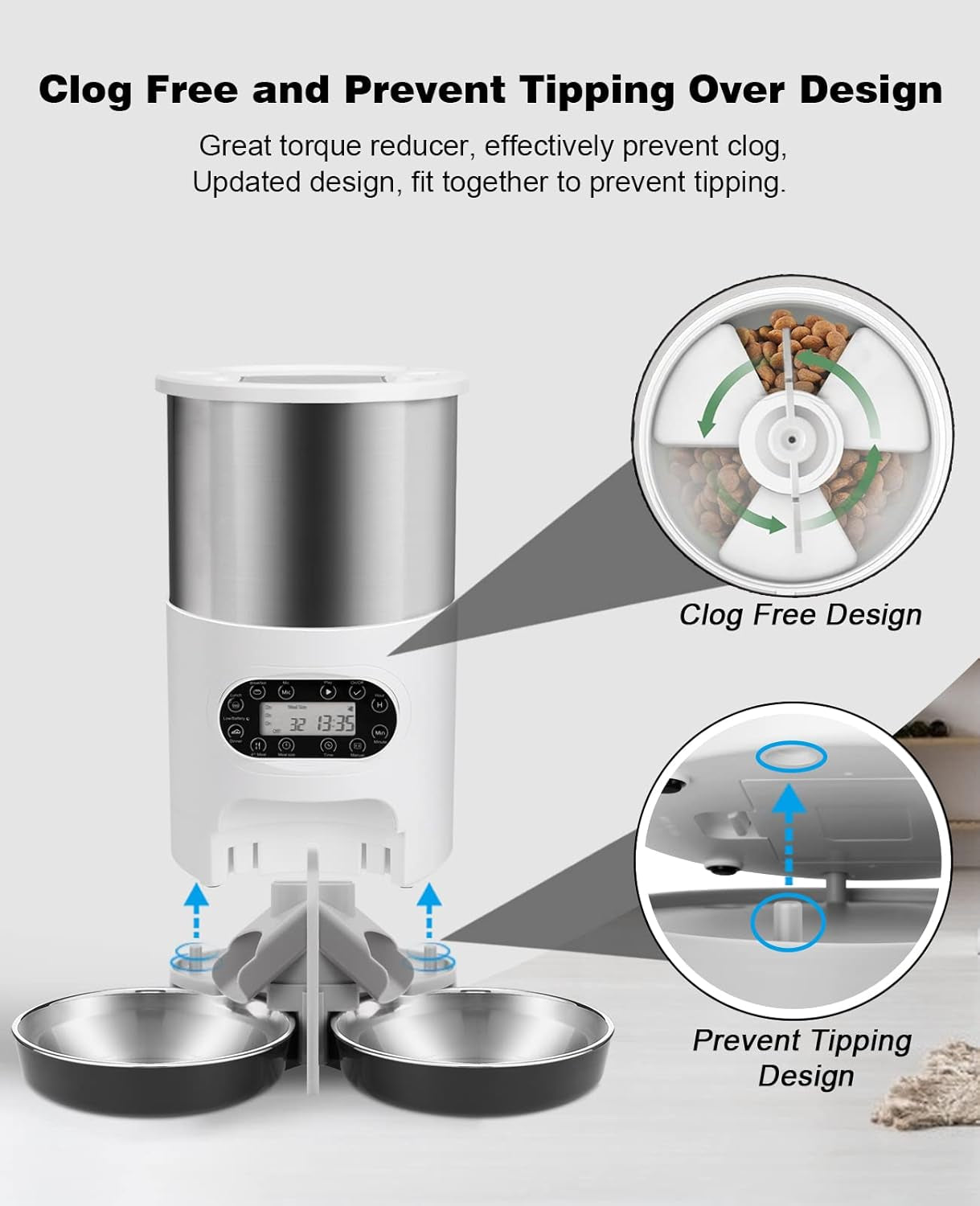 HUICOCY Automatic Cat Feeders, 304 Stainless Steel Timed Cat Food Dispenser for 2 Cats & Small Dog, 4.5L Pet Feeder with 2-Way Splitter, 1-4 Meals Portion Control,10S Voice Recorder, Dual Power Supply
