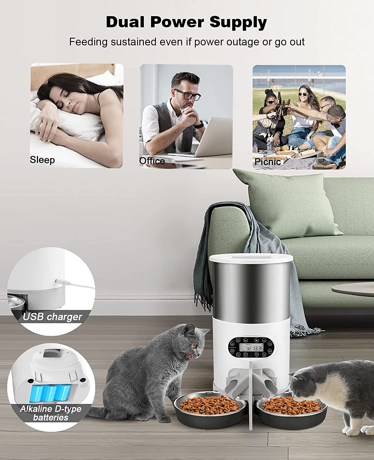 HUICOCY Automatic Cat Feeders, 304 Stainless Steel Timed Cat Food Dispenser for 2 Cats & Small Dog, 4.5L Pet Feeder with 2-Way Splitter, 1-4 Meals Portion Control,10S Voice Recorder, Dual Power Supply