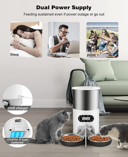 HUICOCY Automatic Cat Feeders, 304 Stainless Steel Timed Cat Food Dispenser for 2 Cats & Small Dog, 4.5L Pet Feeder with 2-Way Splitter, 1-4 Meals Portion Control,10S Voice Recorder, Dual Power Supply