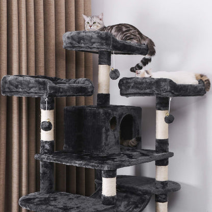 Large Cat Tree Condo with Sisal Scratching Posts, Perches, Houses, and Hammock - Indoor Cat Tower and Activity Center in Grey (Model MMJ03B)