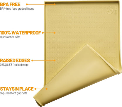 Dog Feeding Mat,100% Waterproof Food Grade Silicone Pet Food and Water Bowl Placemat,Dishwasher, High Raised Edge to Prevent Spills,Nonslip Tray to Stop Messes on Floor (24"X16"X0.5", Yellow)