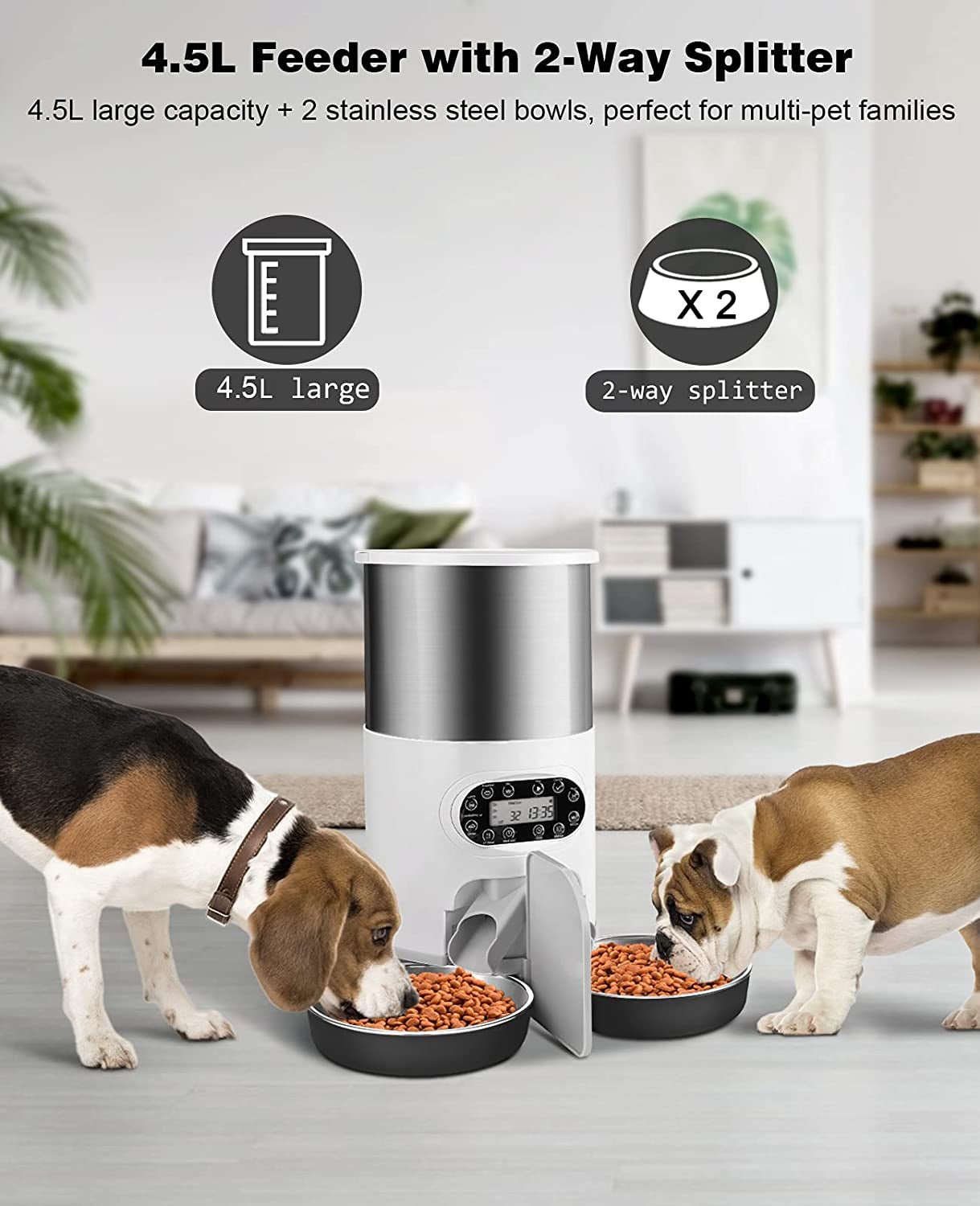 HUICOCY Automatic Cat Feeders, 304 Stainless Steel Timed Cat Food Dispenser for 2 Cats & Small Dog, 4.5L Pet Feeder with 2-Way Splitter, 1-4 Meals Portion Control,10S Voice Recorder, Dual Power Supply