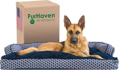 Furhaven Pillow Dog Bed for Large Dogs W/ Removable Bolsters & Washable Cover - Plush & Woven Decor Comfy Couch Sofa - Diamond Blue, Jumbo/Xl