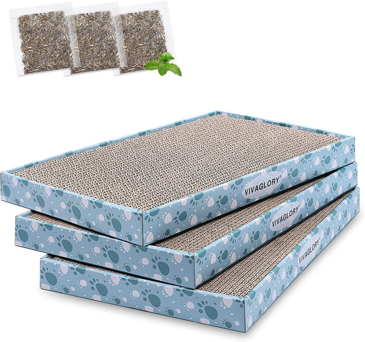 Cat Scratcher & Pads, Reversible Scratching Board for Indoor Cats, Cardboard, Catnip Included, 3 Pack, Extra Wide