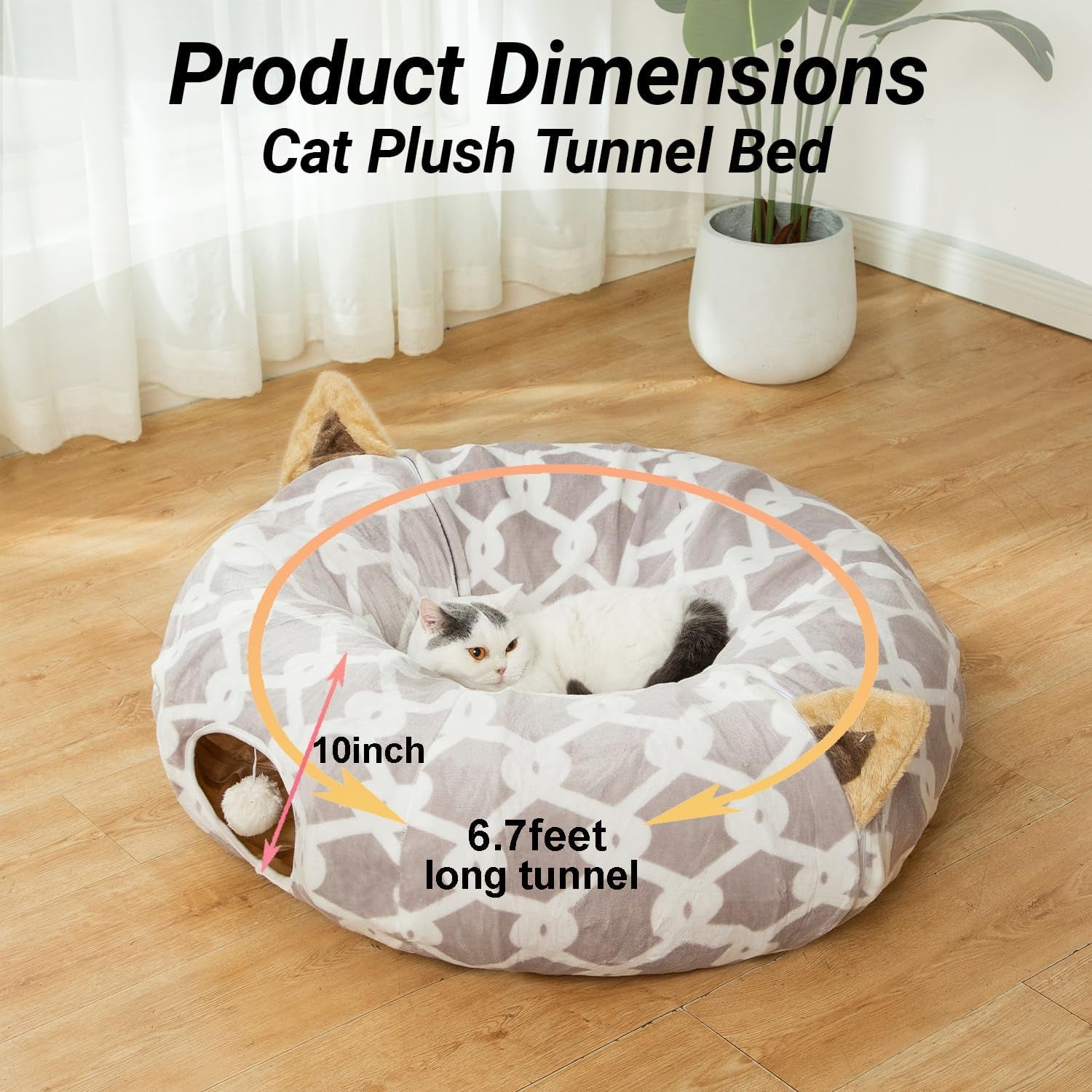 LUCKITTY Large Cat Tunnel Bed under Christmas Tree with Fluffy Toy Balls, Small Cushion and Flexible Design- 10 Inch Diameter, 3 Ft Length- Great for Cats, and Small Dogs, Gray Geometric Figure