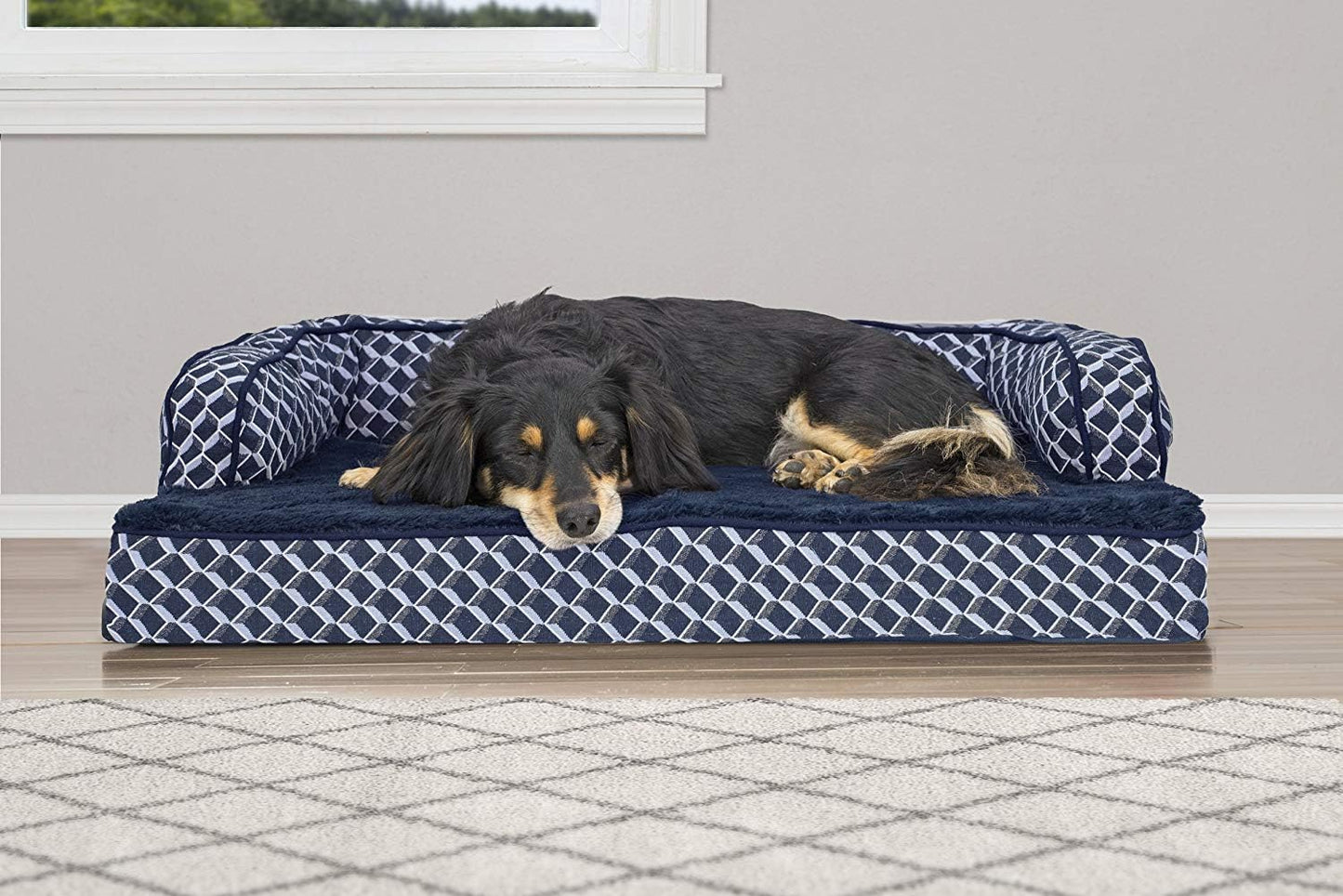 Plush Orthopedic Dog Bed with Removable Bolsters - Cozy Couch Sofa for Medium/Small Dogs up to 35 Lbs - Stylish Diamond Blue Design