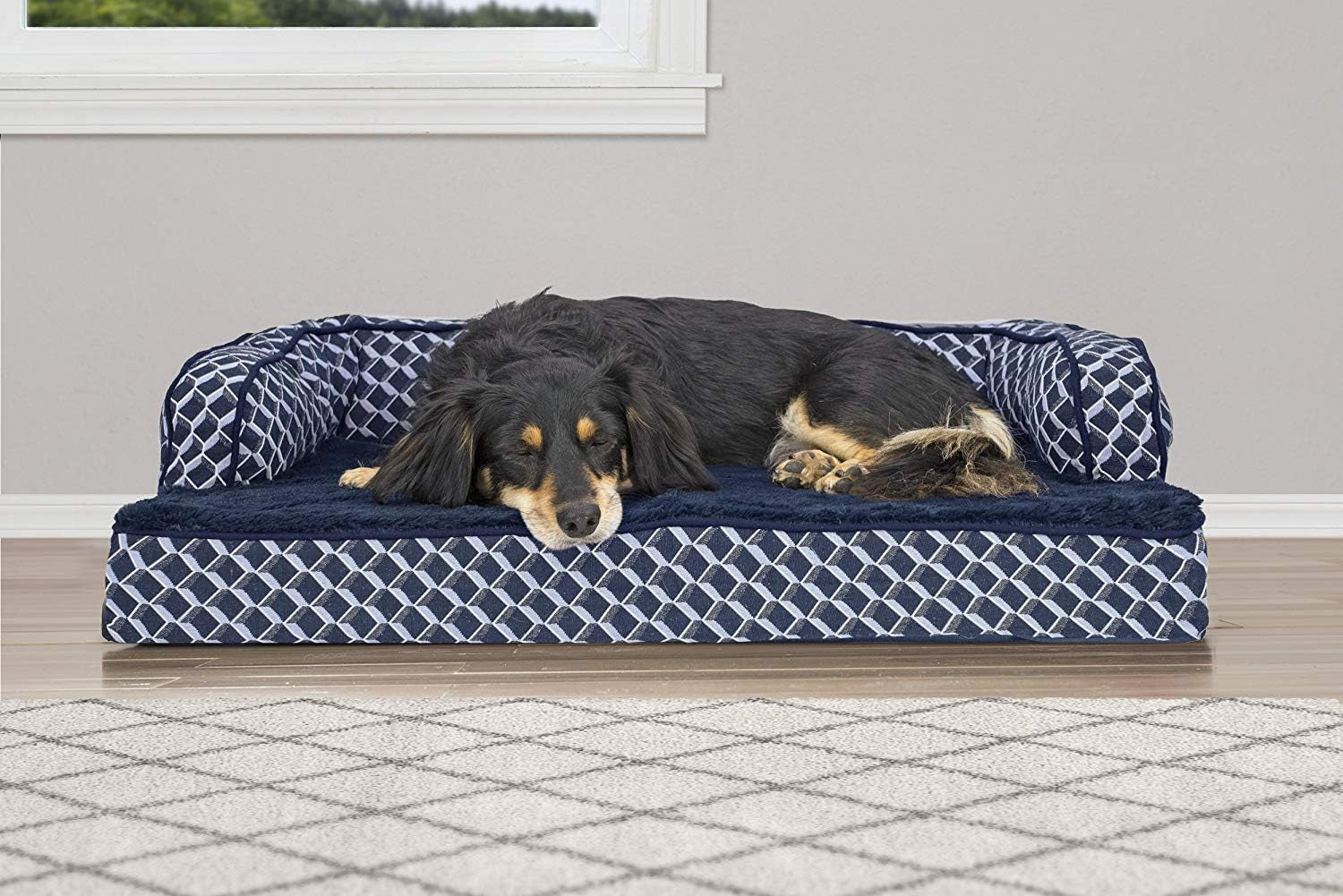 Plush Orthopedic Dog Bed with Removable Bolsters - Cozy Couch Sofa for Medium/Small Dogs up to 35 Lbs - Stylish Diamond Blue Design