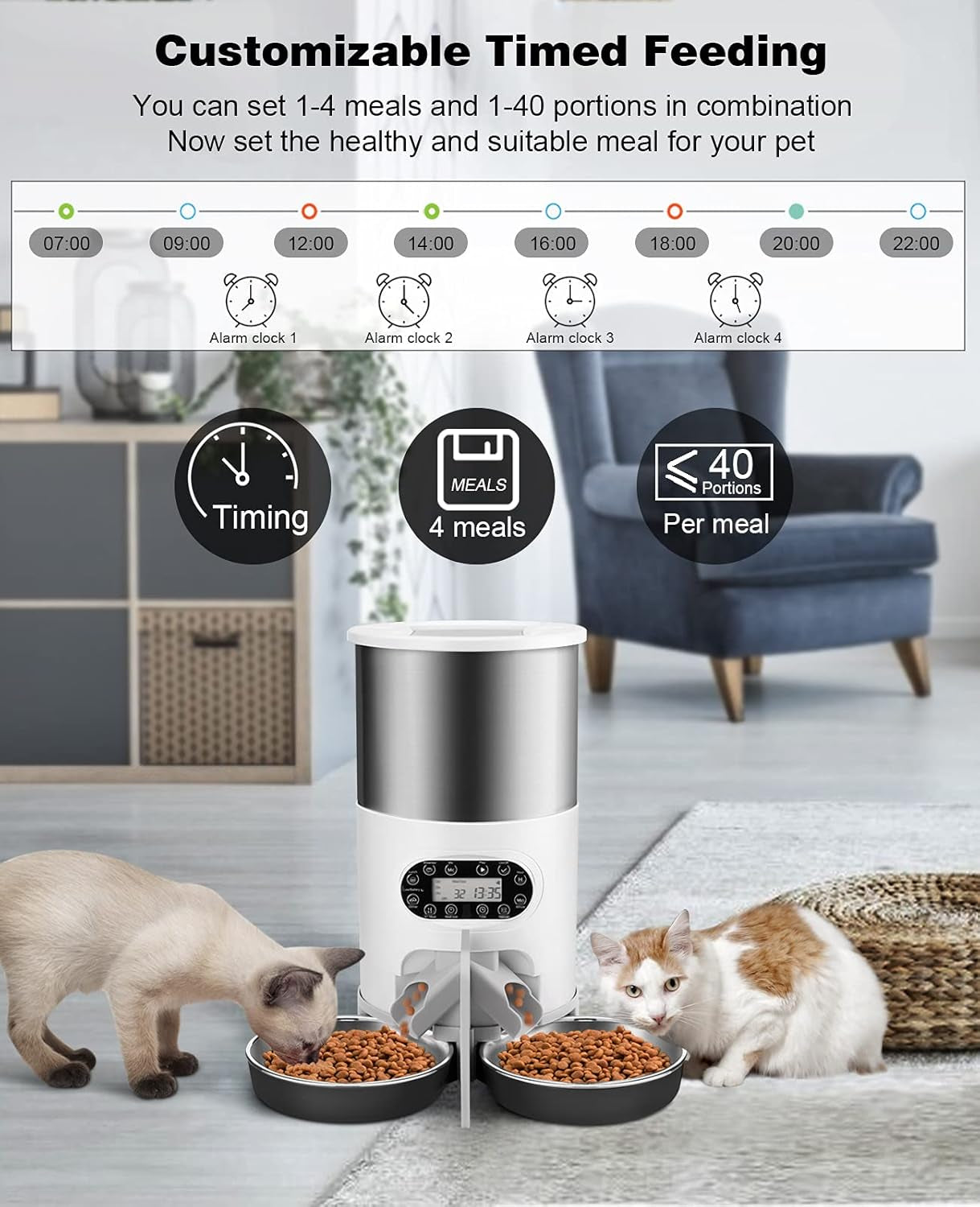 HUICOCY Automatic Cat Feeders, 304 Stainless Steel Timed Cat Food Dispenser for 2 Cats & Small Dog, 4.5L Pet Feeder with 2-Way Splitter, 1-4 Meals Portion Control,10S Voice Recorder, Dual Power Supply