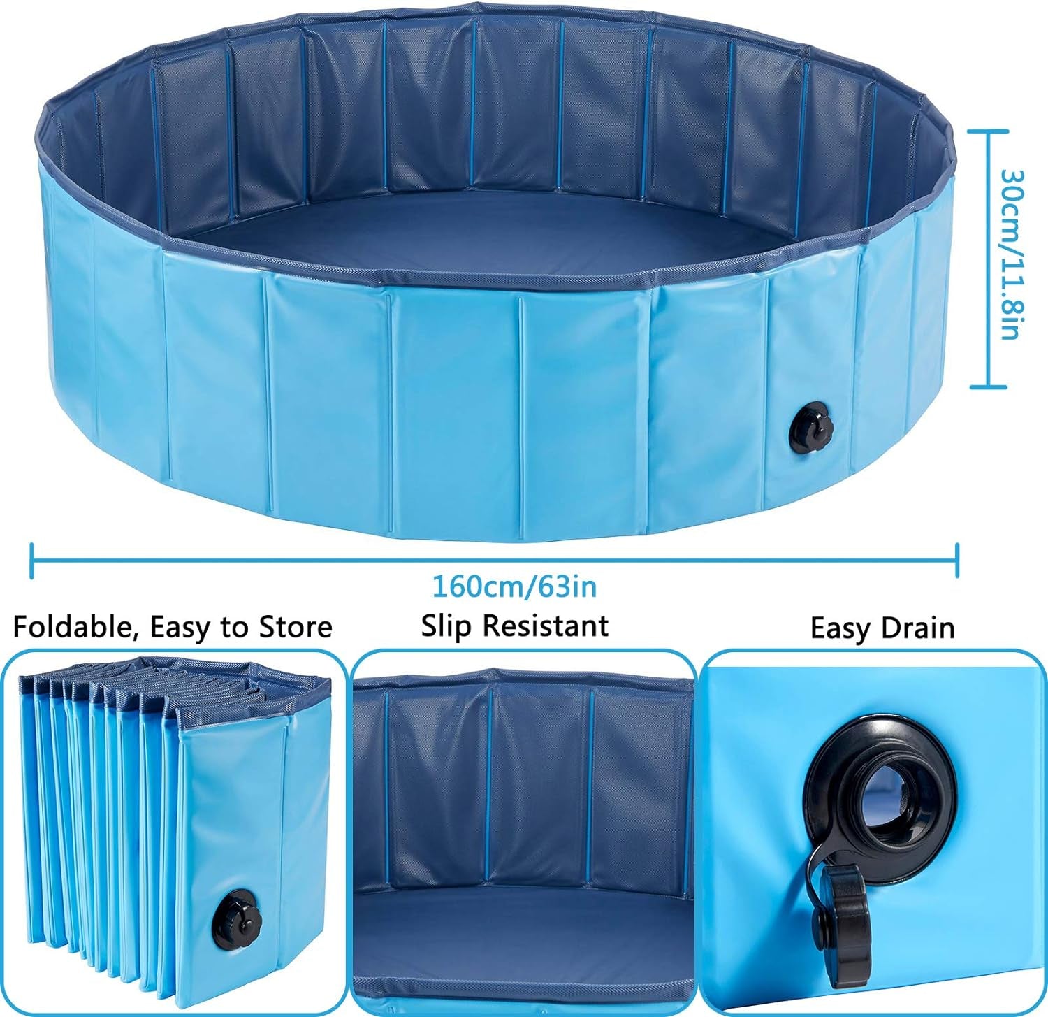 Dreiwasser Dog Pool Foldable Pet Outdoor Swimming Pool Collapsible Anti-Slip Hard PVC Pet Paddling Bathtub for Large and Xtra Large Dogs, Kids, Pets((63'' * 12'')/(160Cm X 30Cm))