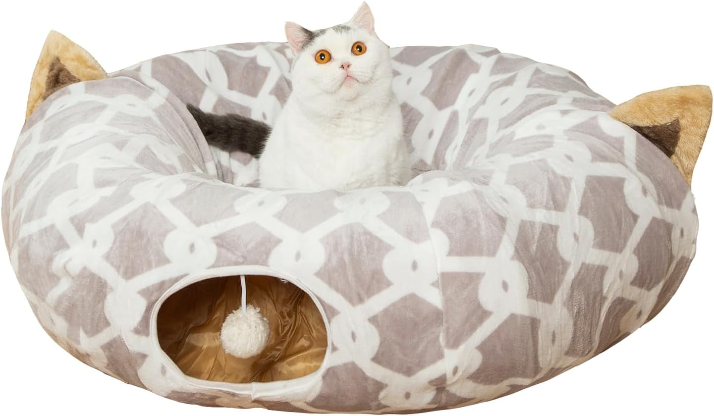 LUCKITTY Large Cat Tunnel Bed under Christmas Tree with Fluffy Toy Balls, Small Cushion and Flexible Design- 10 Inch Diameter, 3 Ft Length- Great for Cats, and Small Dogs, Gray Geometric Figure