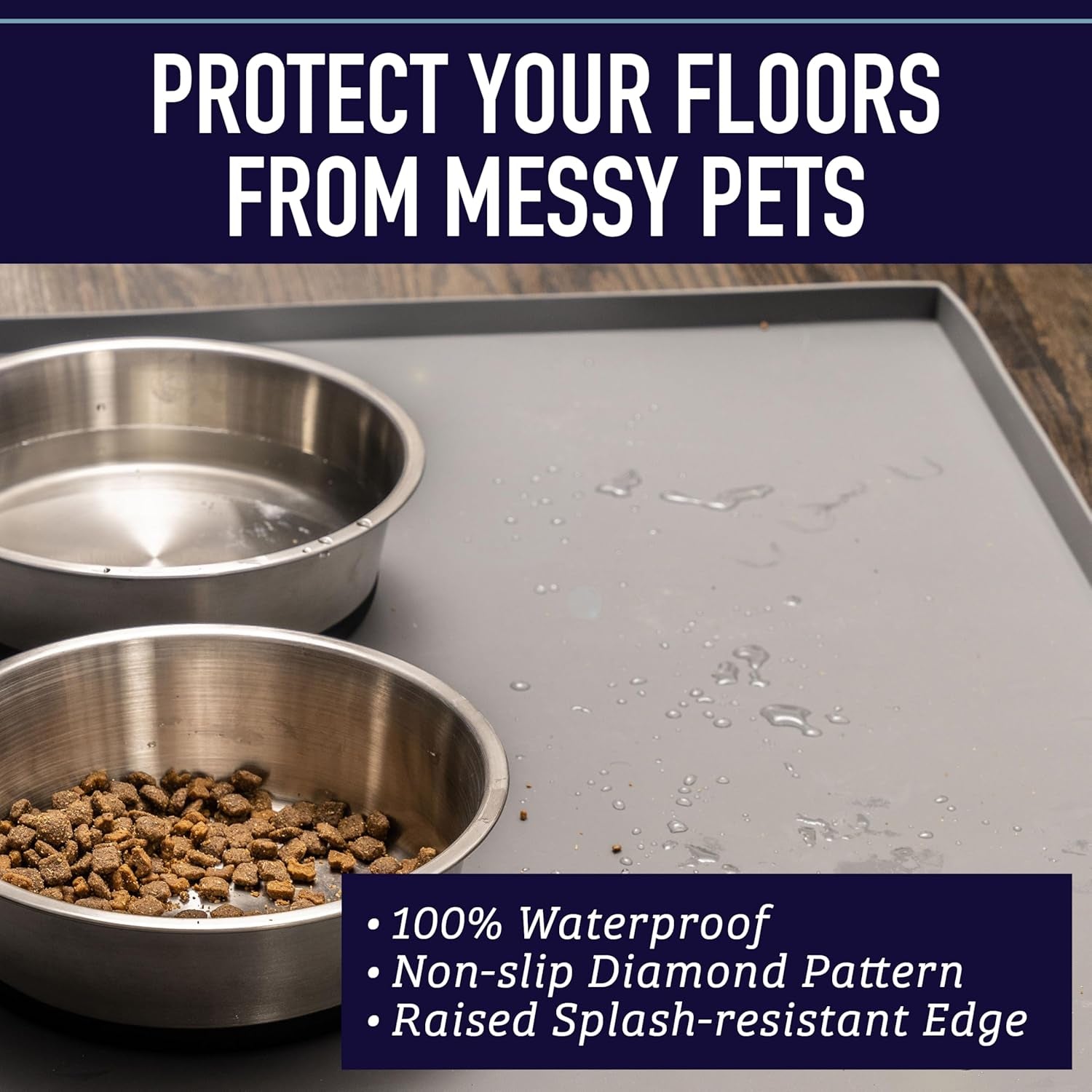 Silicone Dog Water Bowl Pad - XL 25" X 17" Gray - Tall Lip & Non-Slip Base - Waterproof Dog & Cat Food Mat