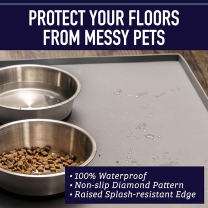 Silicone Dog Water Bowl Pad - XL 25" X 17" Gray - Tall Lip & Non-Slip Base - Waterproof Dog & Cat Food Mat