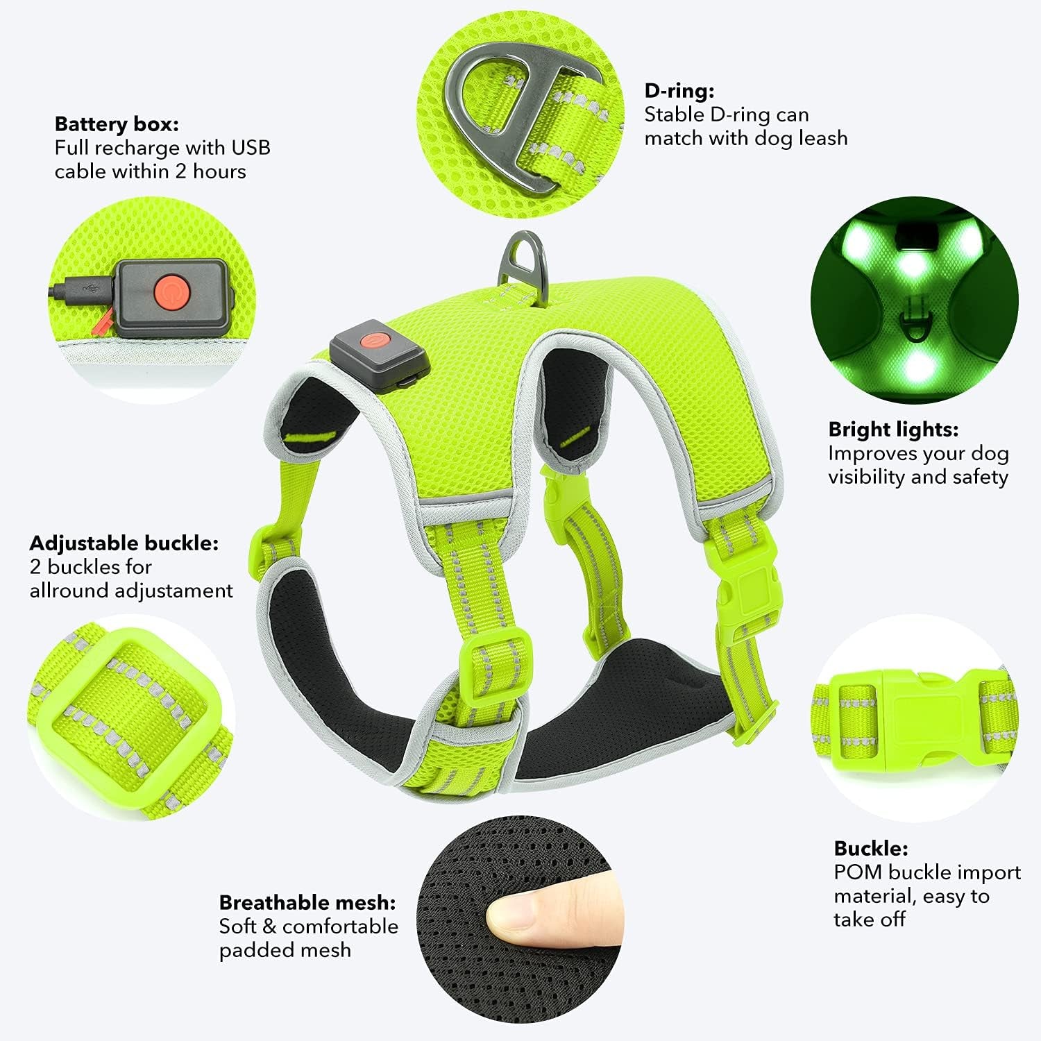 Yfbrite Light up Dog Harness - USB Rechargeable LED Dog Harness with Reflective Strips, Comfortable Adjustable Sizes (Green, Medium)