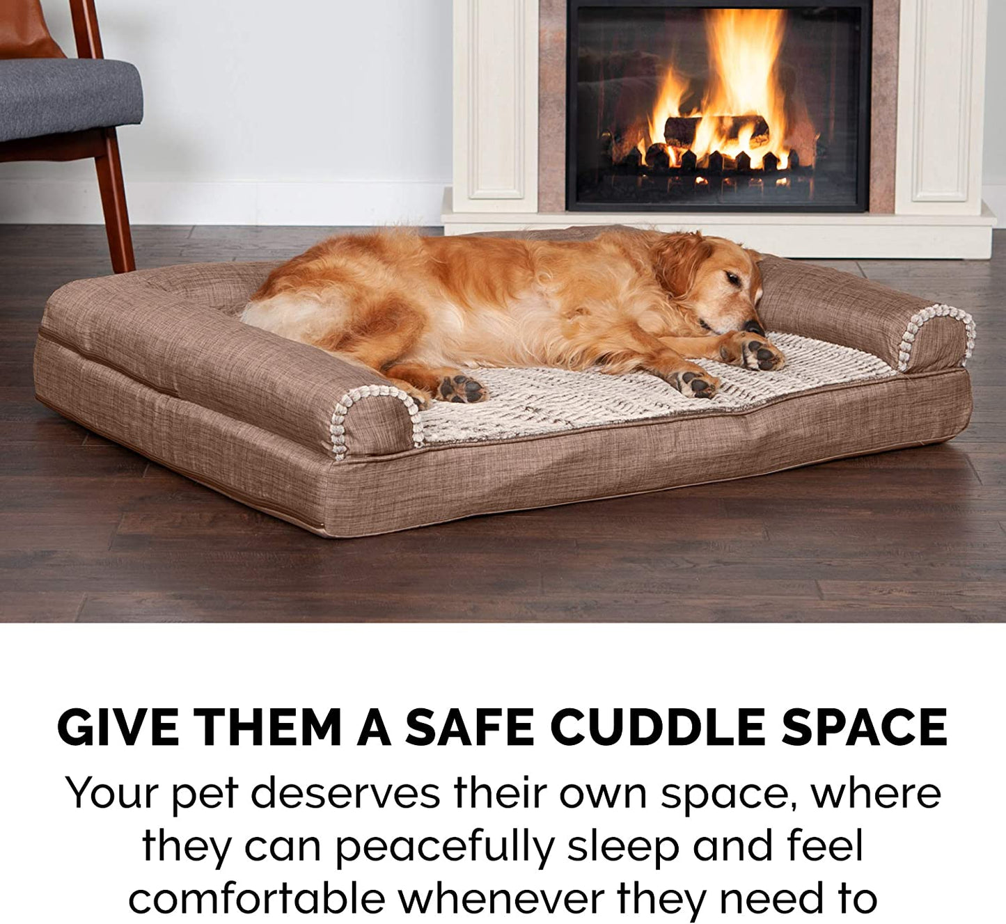 Furhaven Cooling Gel Dog Bed for Large/Medium Dogs W/ Removable Bolsters & Washable Cover, for Dogs up to 55 Lbs - Luxe Faux Fur & Performance Linen Sofa - Woodsmoke, Large