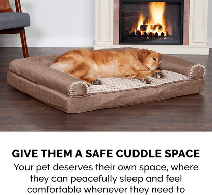 Furhaven Cooling Gel Dog Bed for Large/Medium Dogs W/ Removable Bolsters & Washable Cover, for Dogs up to 55 Lbs - Luxe Faux Fur & Performance Linen Sofa - Woodsmoke, Large