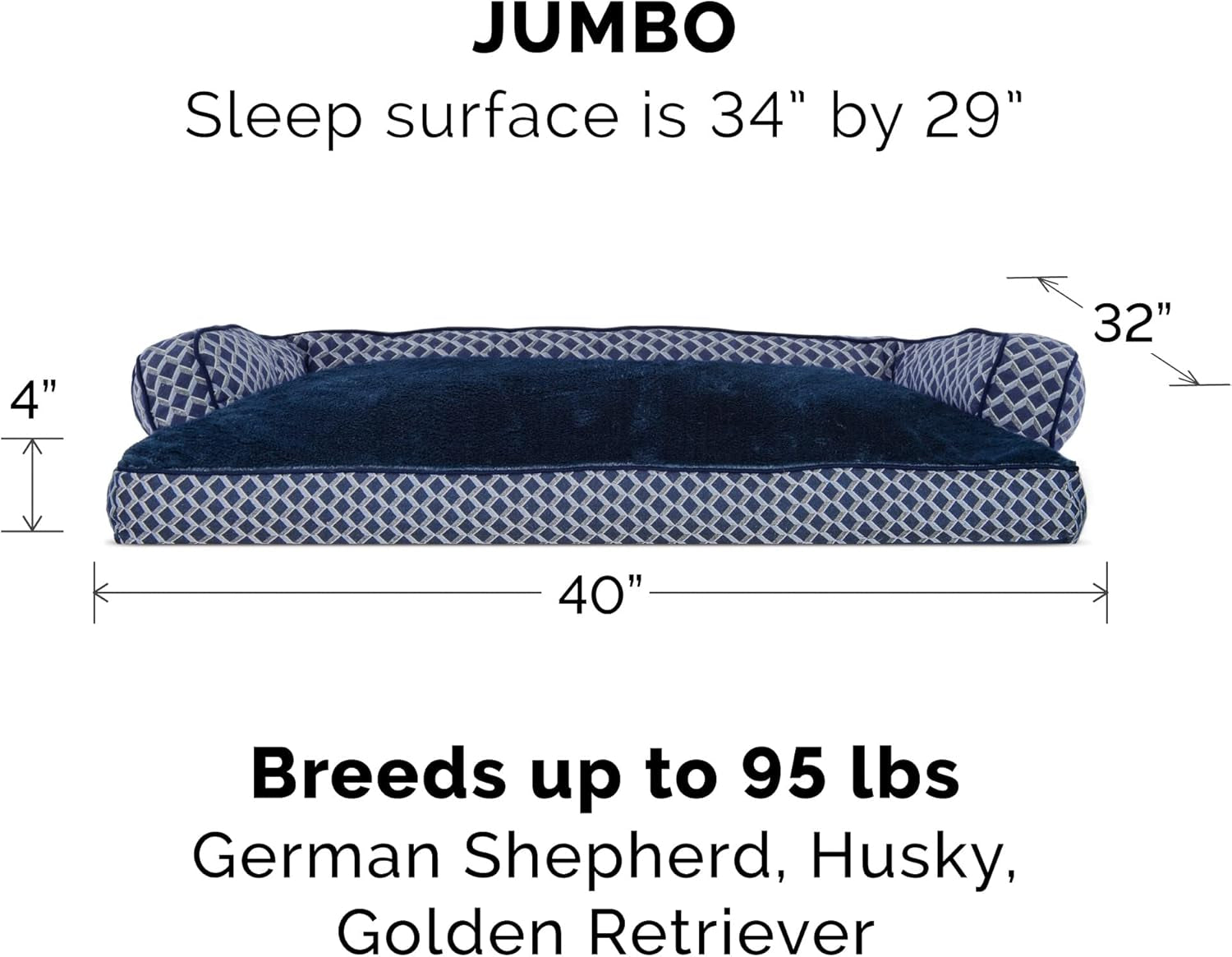 Furhaven Pillow Dog Bed for Large Dogs W/ Removable Bolsters & Washable Cover - Plush & Woven Decor Comfy Couch Sofa - Diamond Blue, Jumbo/Xl