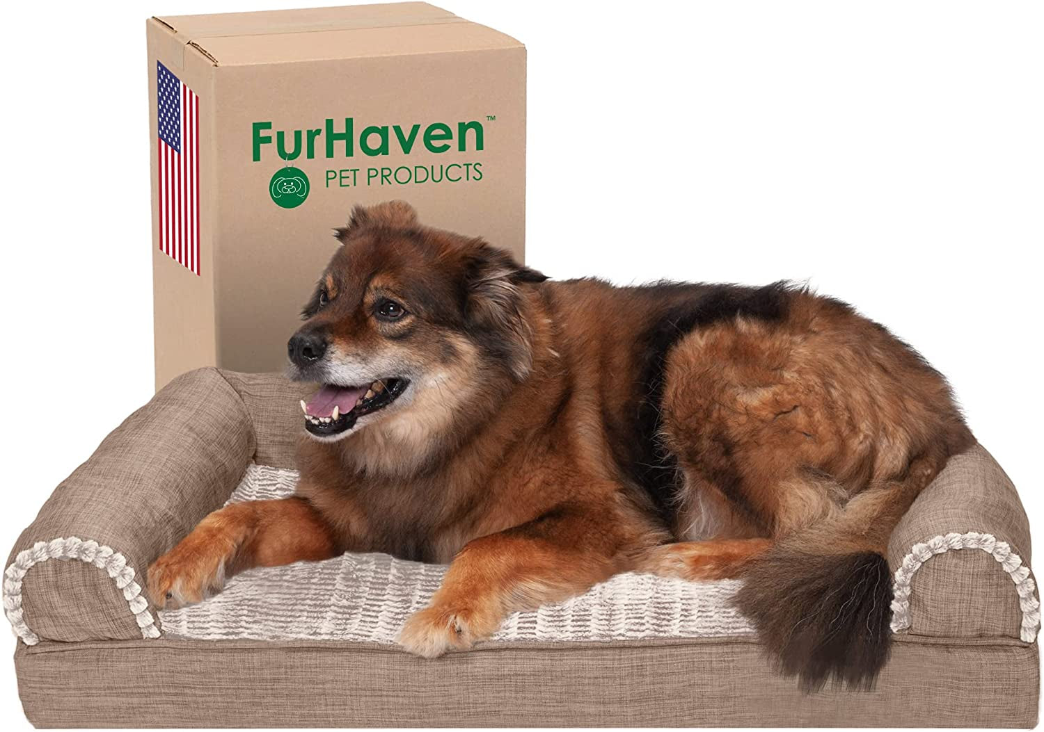 Furhaven Cooling Gel Dog Bed for Large/Medium Dogs W/ Removable Bolsters & Washable Cover, for Dogs up to 55 Lbs - Luxe Faux Fur & Performance Linen Sofa - Woodsmoke, Large