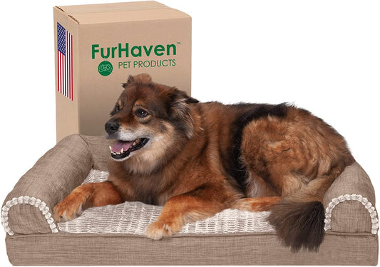 Furhaven Cooling Gel Dog Bed for Large/Medium Dogs W/ Removable Bolsters & Washable Cover, for Dogs up to 55 Lbs - Luxe Faux Fur & Performance Linen Sofa - Woodsmoke, Large