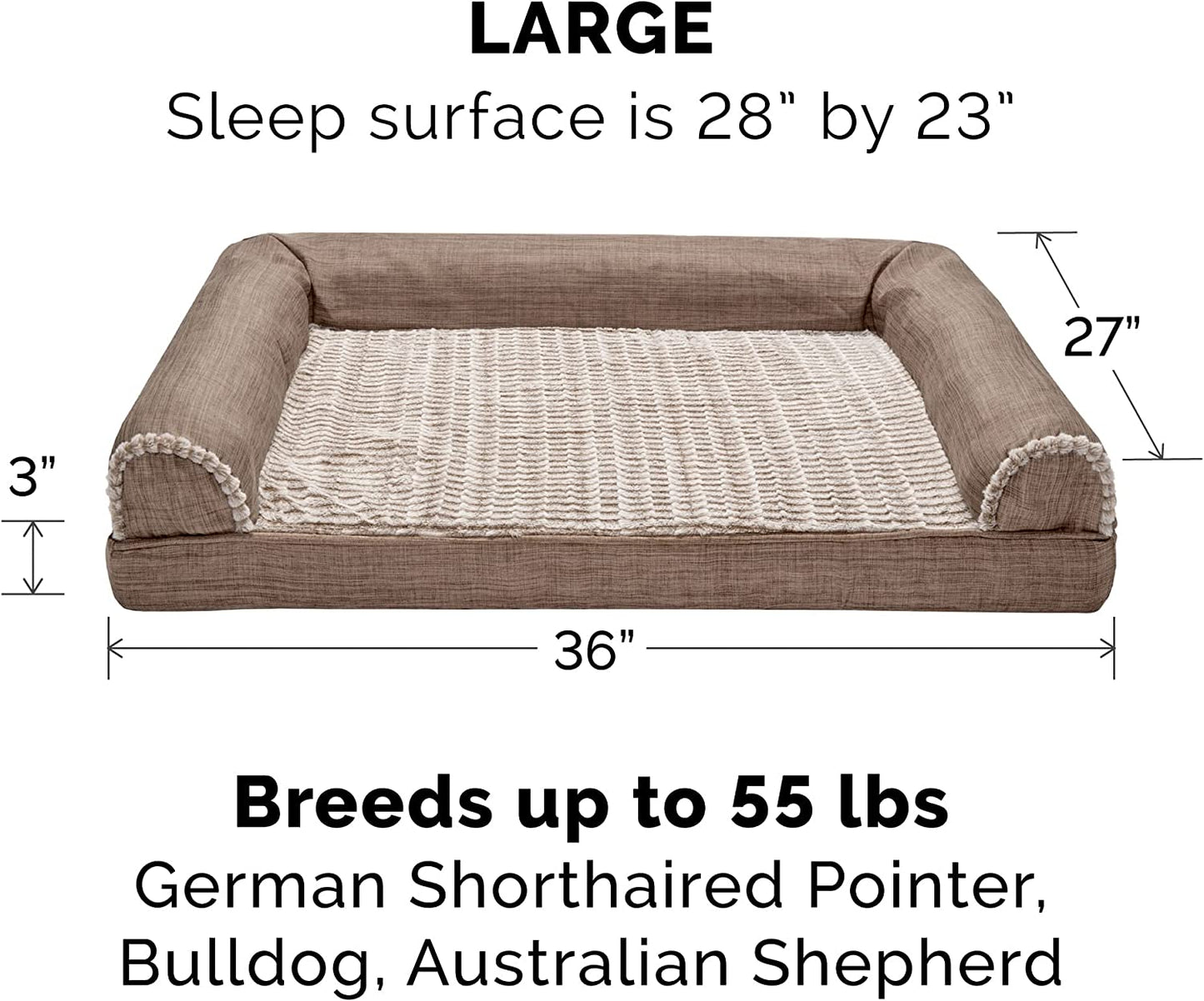 Furhaven Cooling Gel Dog Bed for Large/Medium Dogs W/ Removable Bolsters & Washable Cover, for Dogs up to 55 Lbs - Luxe Faux Fur & Performance Linen Sofa - Woodsmoke, Large