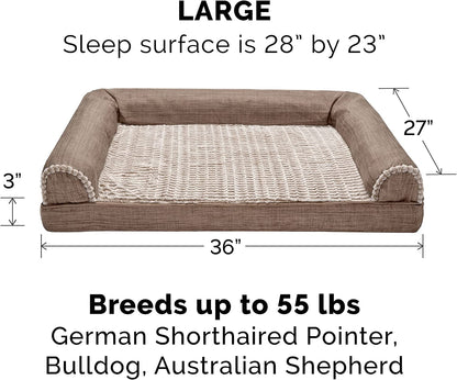 Furhaven Cooling Gel Dog Bed for Large/Medium Dogs W/ Removable Bolsters & Washable Cover, for Dogs up to 55 Lbs - Luxe Faux Fur & Performance Linen Sofa - Woodsmoke, Large
