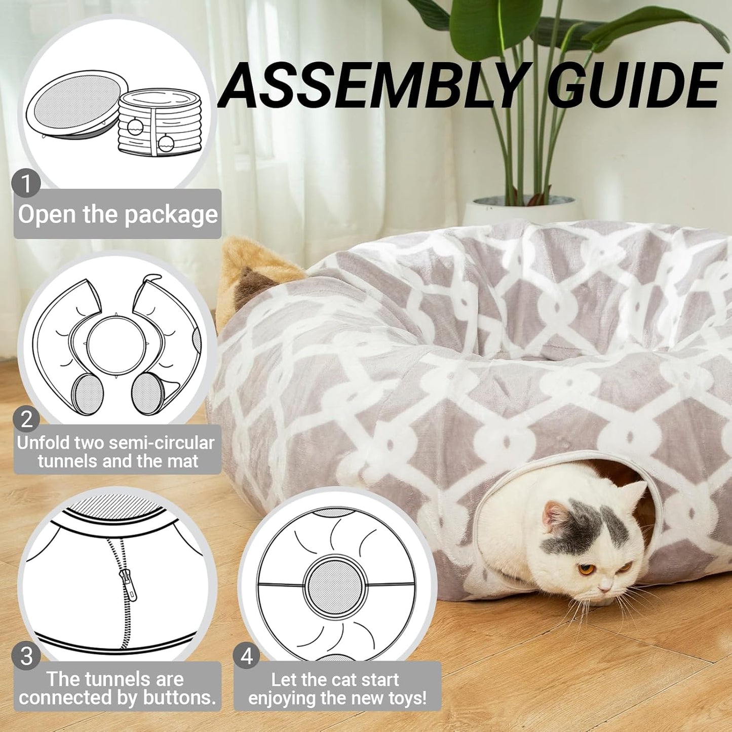 LUCKITTY Large Cat Tunnel Bed under Christmas Tree with Fluffy Toy Balls, Small Cushion and Flexible Design- 10 Inch Diameter, 3 Ft Length- Great for Cats, and Small Dogs, Gray Geometric Figure