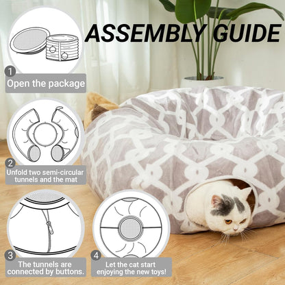 LUCKITTY Large Cat Tunnel Bed under Christmas Tree with Fluffy Toy Balls, Small Cushion and Flexible Design- 10 Inch Diameter, 3 Ft Length- Great for Cats, and Small Dogs, Gray Geometric Figure