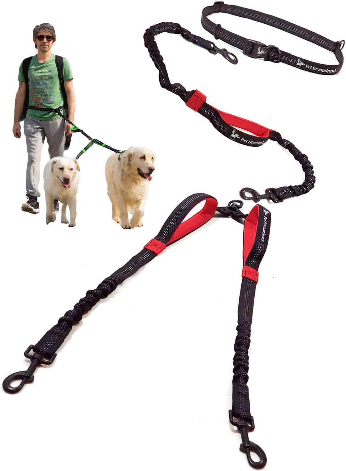 Pet Dreamland Exquisite Hands Free Double Leash for Two Dogs No Tangle. Premium Quality & Versatile Running Your Two Large Dogs. You Will Absolutely Love This Amazing Dual Dog Leash (Black & Red)