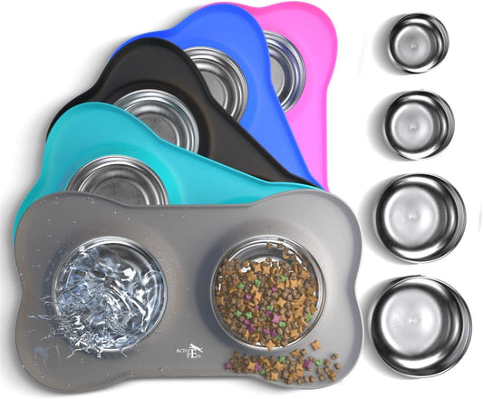 Active Pets Dog Bowl Set, Stainless Steel No Spill Mess-Proof Food & Water Food Bowls with Skid Resistant Silicone Mat, Dog Bowls Small Size Dog, Medium, & Large, Pet Puppy Bowls & Dishes