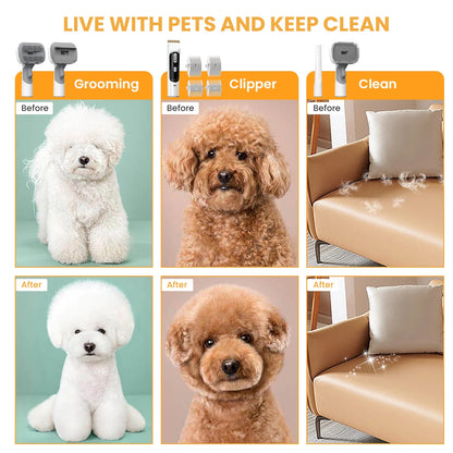 Pet Grooming Vacuum for Dogs & Cats, 13000Pa Suction, 5-In-1 Grooming Kit with Low Noise, 2.5L Dust Cup, Wireless Clippers, Deshedding Brush – Professional At-Home Pet Hair Cleaner