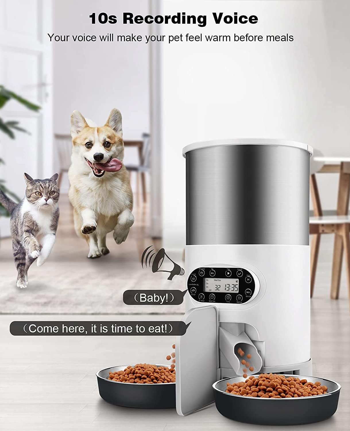 HUICOCY Automatic Cat Feeders, 304 Stainless Steel Timed Cat Food Dispenser for 2 Cats & Small Dog, 4.5L Pet Feeder with 2-Way Splitter, 1-4 Meals Portion Control,10S Voice Recorder, Dual Power Supply