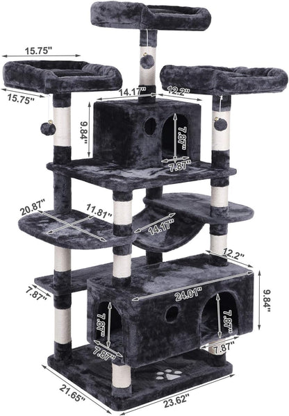 Large Cat Tree Condo with Sisal Scratching Posts, Perches, Houses, and Hammock - Indoor Cat Tower and Activity Center in Grey (Model MMJ03B)