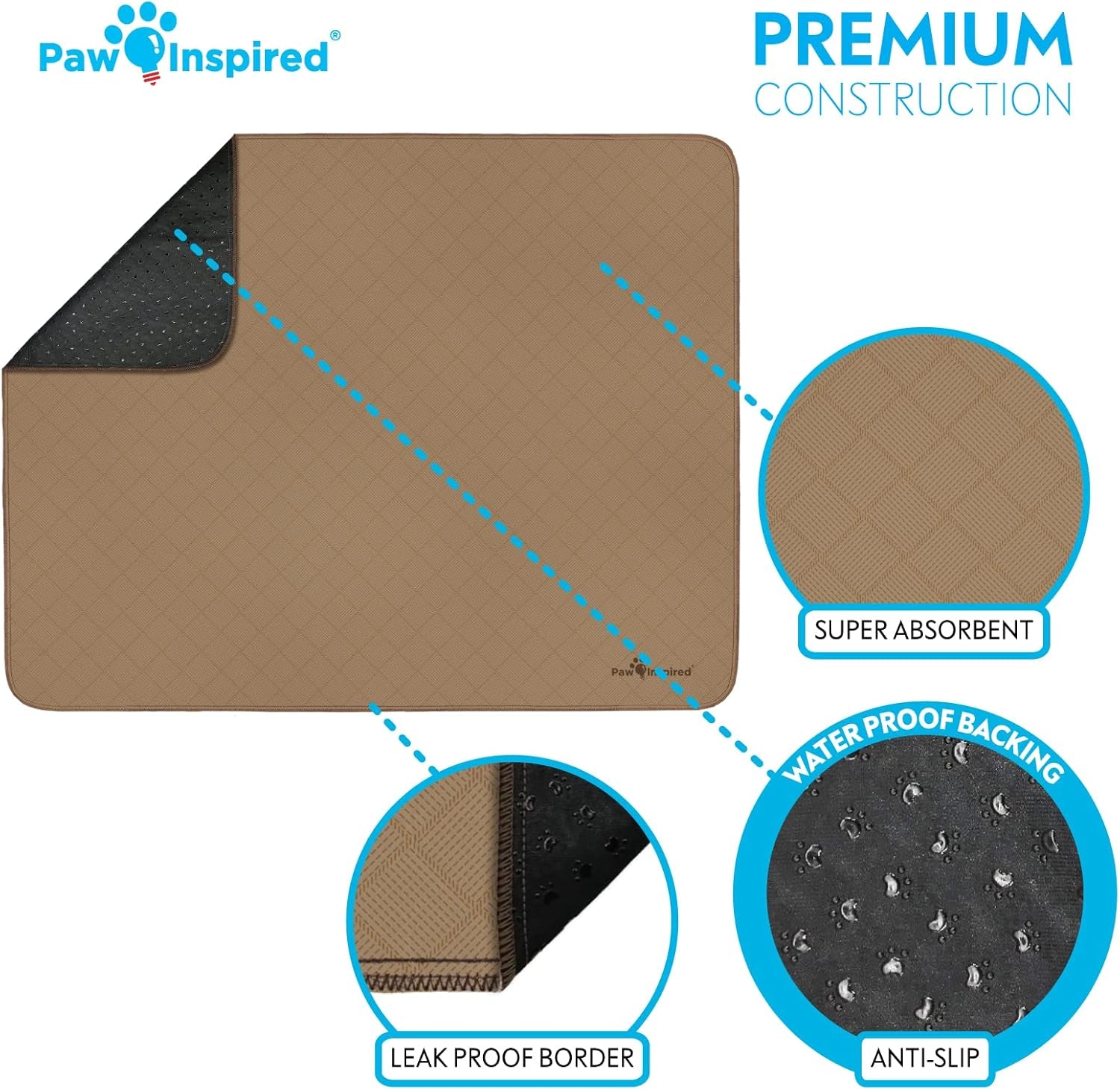 Paw Inspired Washable Pee Pads for Dogs, Leakproof, Non-Slip Reusable Puppy Pads for Potty Training, Whelping, Waterproof Mat (48X60 Inch, Pack of 1)