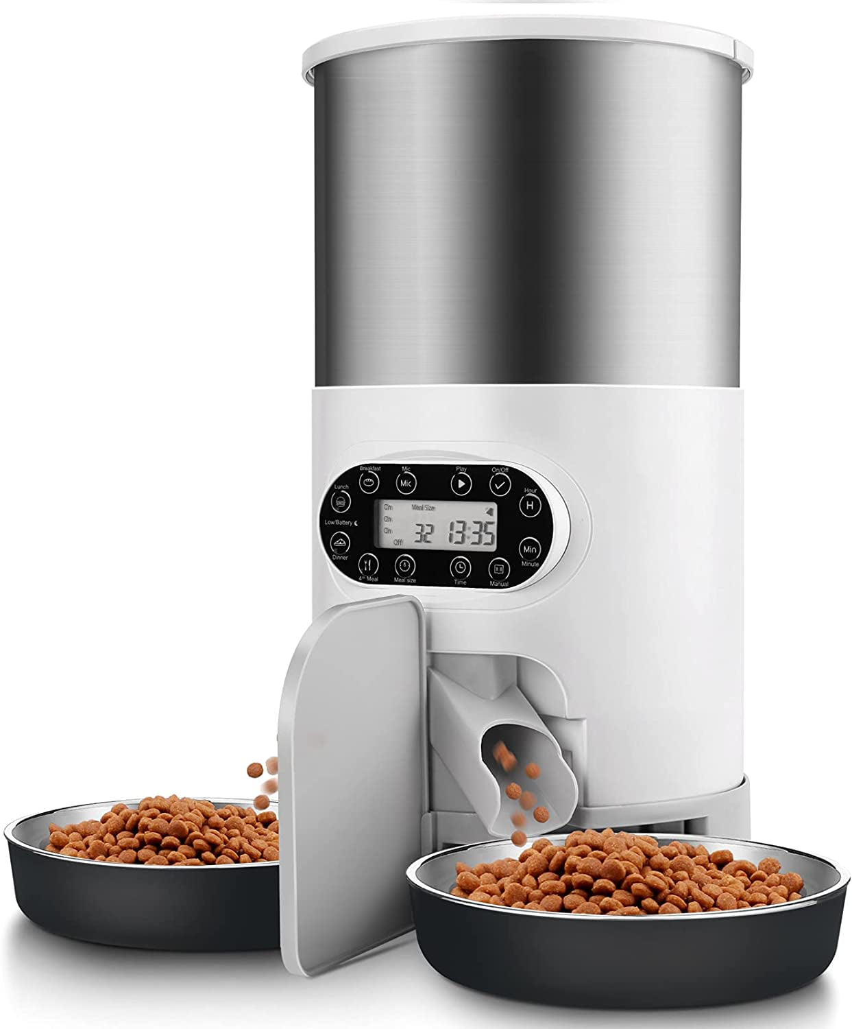 HUICOCY Automatic Cat Feeders, 304 Stainless Steel Timed Cat Food Dispenser for 2 Cats & Small Dog, 4.5L Pet Feeder with 2-Way Splitter, 1-4 Meals Portion Control,10S Voice Recorder, Dual Power Supply