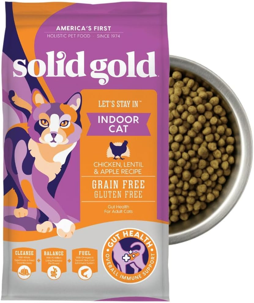 Solid Gold Indoor Dry Cat Food - Grain Free & Gluten Free - Chicken Cat Food Dry Kibble for Indoor Cats W/Probiotics & Fiber for Gut Health - Sensitive Stomach & Hairball Support for Adult Cats -12LB