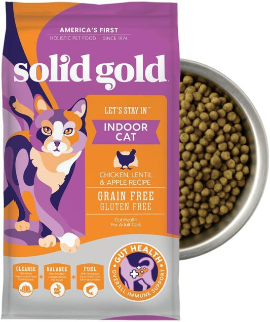 Solid Gold Indoor Dry Cat Food - Grain Free & Gluten Free - Chicken Cat Food Dry Kibble for Indoor Cats W/Probiotics & Fiber for Gut Health - Sensitive Stomach & Hairball Support for Adult Cats -12LB