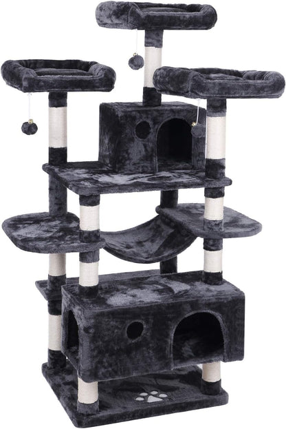 Large Cat Tree Condo with Sisal Scratching Posts, Perches, Houses, and Hammock - Indoor Cat Tower and Activity Center in Grey (Model MMJ03B)
