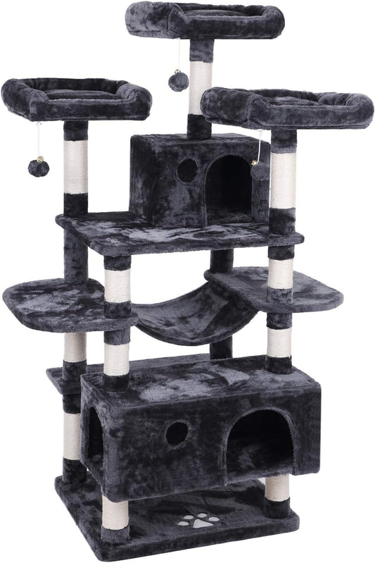 Large Cat Tree Condo with Sisal Scratching Posts, Perches, Houses, and Hammock - Indoor Cat Tower and Activity Center in Grey (Model MMJ03B)